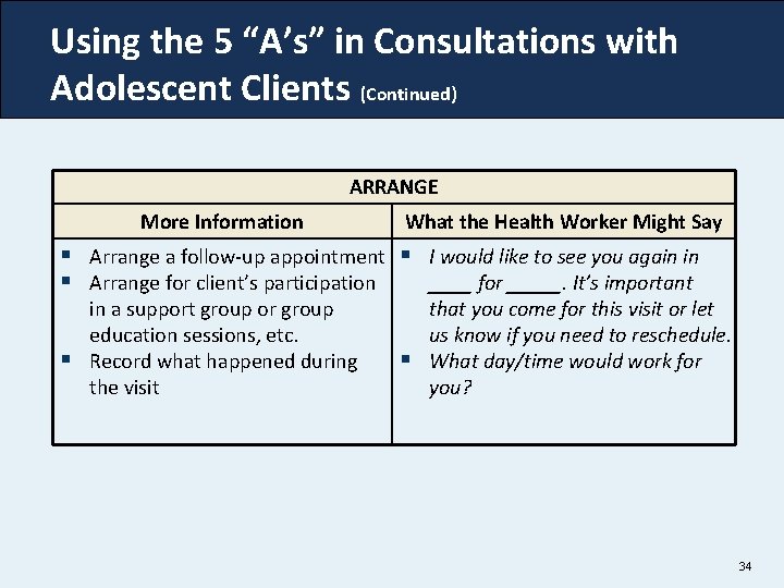 Using the 5 “A’s” in Consultations with Adolescent Clients (Continued) ARRANGE More Information §