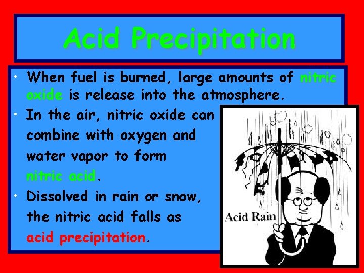 Acid Precipitation • When fuel is burned, large amounts of nitric oxide is release