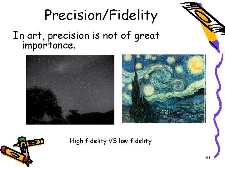 Precision/Fidelity In art, precision is not of great importance. High fidelity VS low fidelity