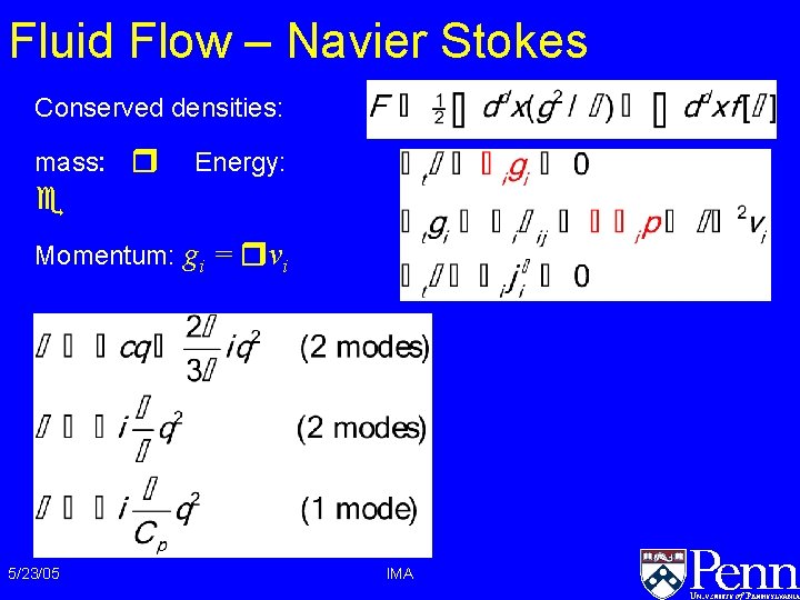 Fluid Flow – Navier Stokes Conserved densities: mass: r Energy: e Momentum: gi = Fluid Flow – Navier Stokes Conserved densities: mass: r Energy: e Momentum: gi =