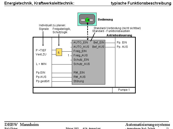 typische Funktionsbeschreibung Energietechnik, Kraftwerksleittechnik: Bedienung Individuell zu planen: Signale Freigabelogik, Schutzlogik P >TIEF Vent. typische Funktionsbeschreibung Energietechnik, Kraftwerksleittechnik: Bedienung Individuell zu planen: Signale Freigabelogik, Schutzlogik P >TIEF Vent.