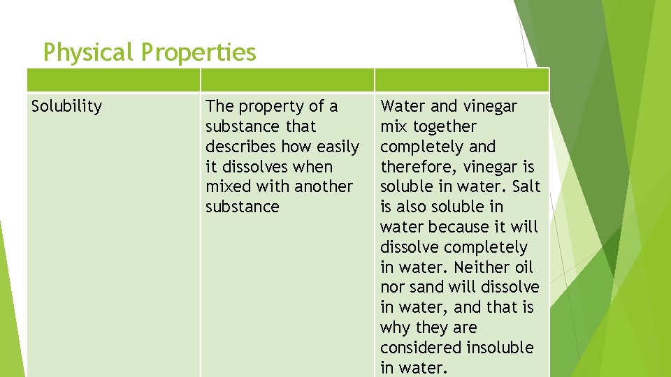Physical Properties Solubility The property of a substance that describes how easily it dissolves