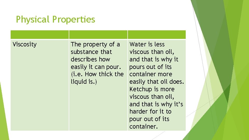 Physical Properties Viscosity The property of a substance that describes how easily it can