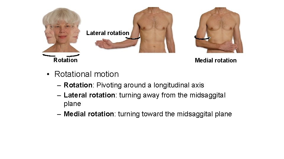 Lateral rotation Rotation Medial rotation • Rotational motion – Rotation: Pivoting around a longitudinal