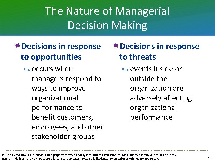 The Nature of Managerial Decision Making Decisions in response to opportunities occurs when managers