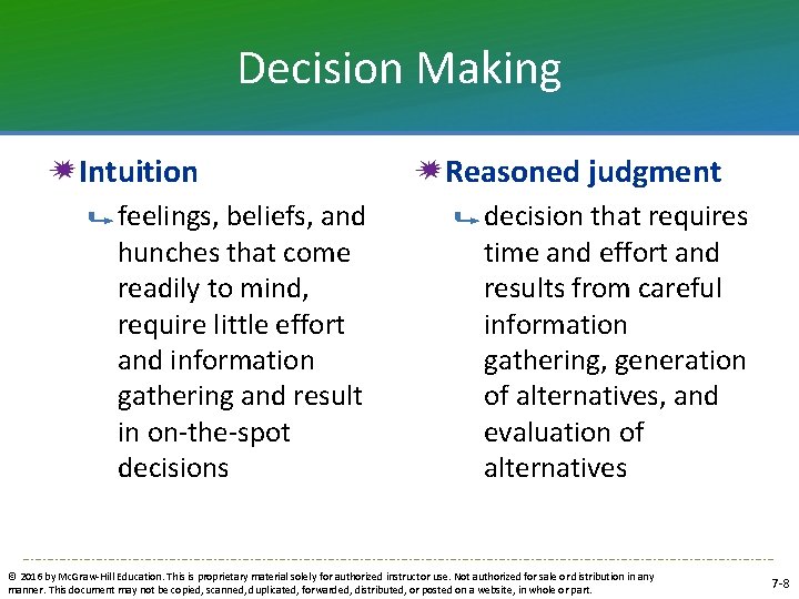 Decision Making Intuition feelings, beliefs, and hunches that come readily to mind, require little