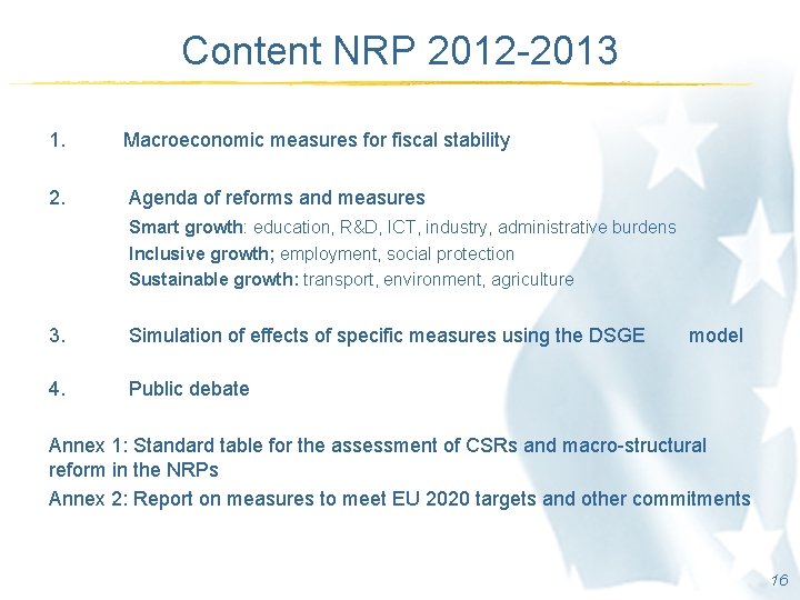 Content NRP 2012 -2013 1. Macroeconomic measures for fiscal stability 2. Agenda of reforms