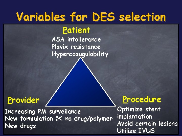 Variables for DES selection Patient ASA intollerance Plavix resistance Hypercoaugulability Provider Procedure Optimize stent