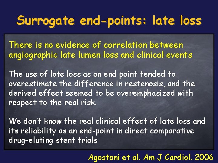 Surrogate end-points: late loss There is no evidence of correlation between angiographic late lumen