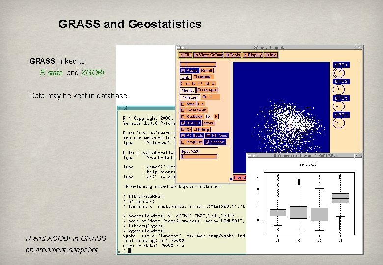 GRASS and Geostatistics GRASS linked to R stats and XGOBI Data may be kept