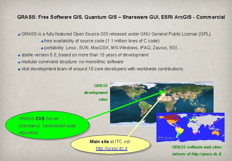 GRASS: Free Software GIS, Quantum GIS – Shareware GUI, ESRI Arc. GIS - Commercial