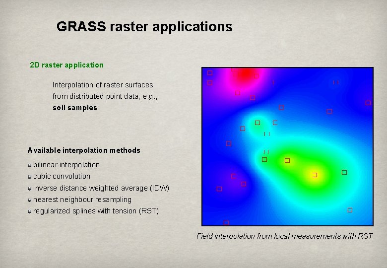 GRASS raster applications 2 D raster application Interpolation of raster surfaces from distributed point