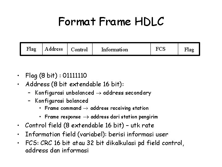 Format Frame HDLC Flag Address Control Information FCS • Flag (8 bit) : 01111110