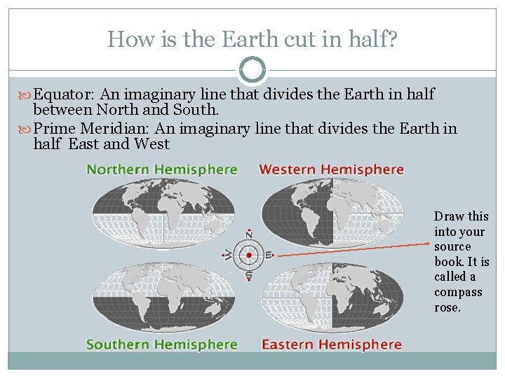 How is the Earth cut in half? Equator: An imaginary line that divides the