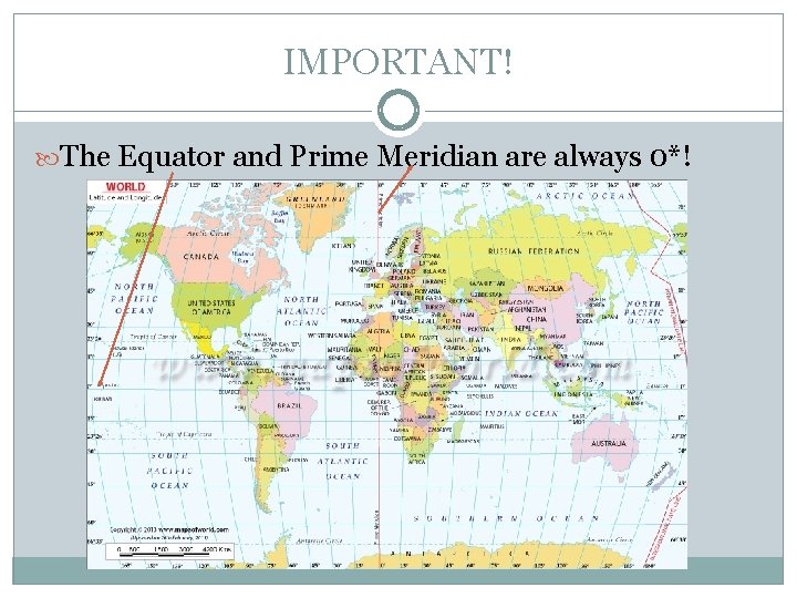 IMPORTANT! The Equator and Prime Meridian are always 0*! 