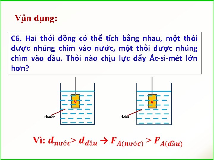 Vâ n du ng: C 6. Hai thỏi đồng có thể tích bằng nhau,