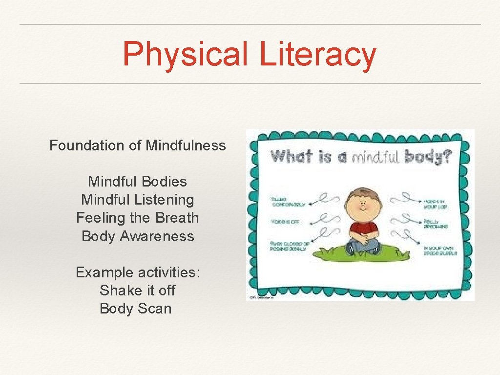 Physical Literacy Foundation of Mindfulness Mindful Bodies Mindful Listening Feeling the Breath Body Awareness