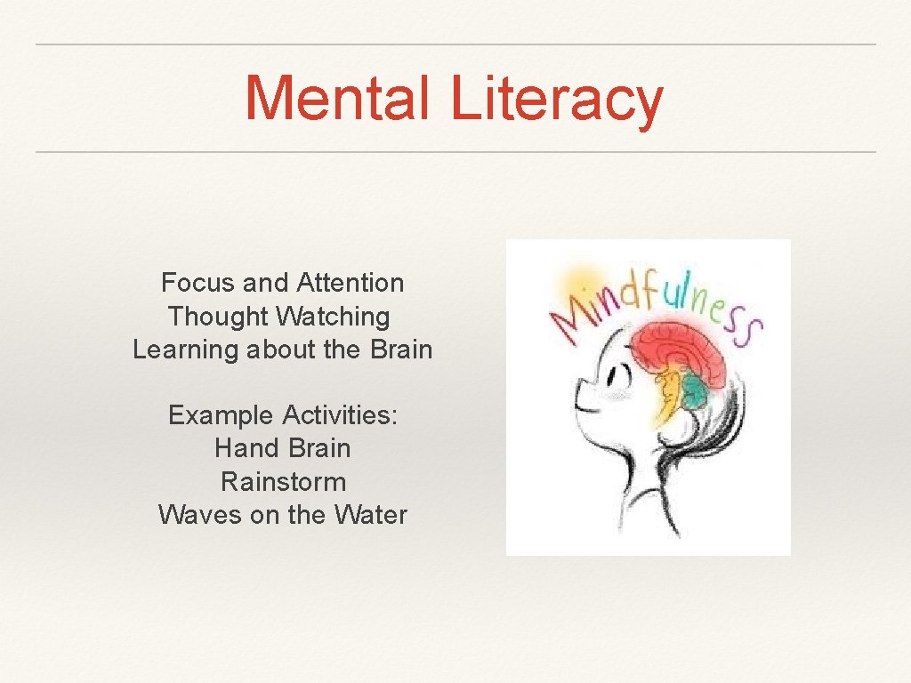 Mental Literacy Focus and Attention Thought Watching Learning about the Brain Example Activities: Hand