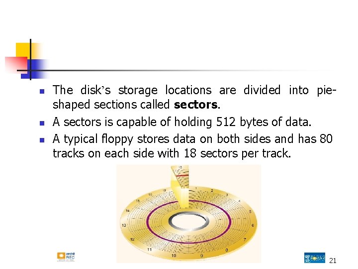 n n n The disk’s storage locations are divided into pieshaped sections called sectors. n n n The disk’s storage locations are divided into pieshaped sections called sectors.
