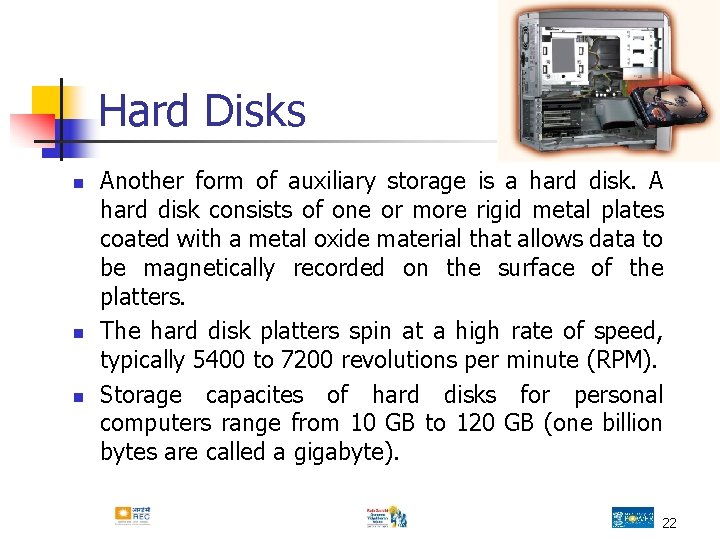 Hard Disks n n n Another form of auxiliary storage is a hard disk. Hard Disks n n n Another form of auxiliary storage is a hard disk.