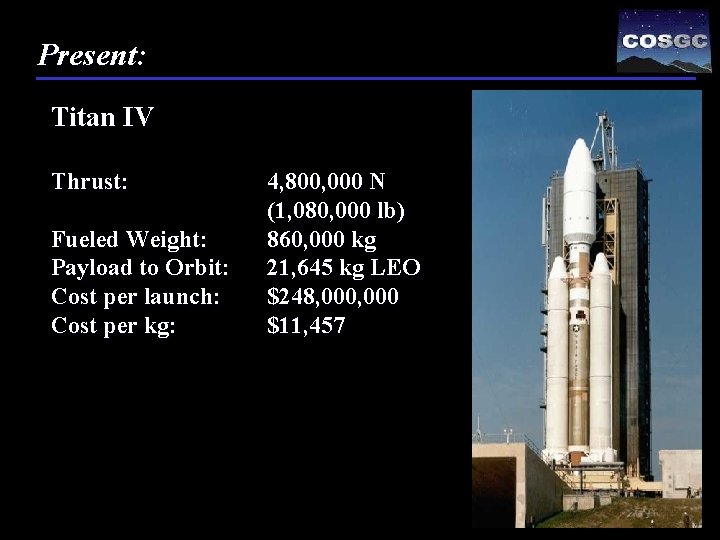 Present: Titan IV Thrust: Fueled Weight: Payload to Orbit: Cost per launch: Cost per