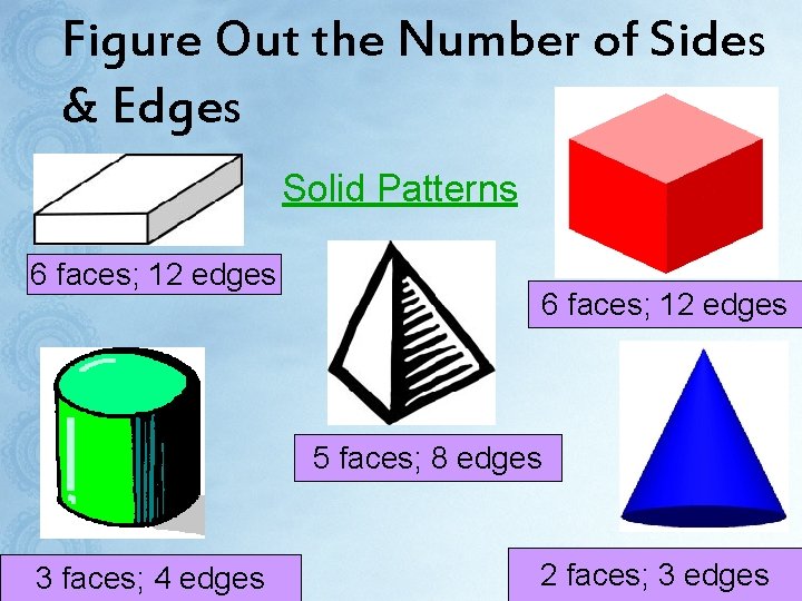 Figure Out the Number of Sides & Edges Solid Patterns 6 faces; 12 edges