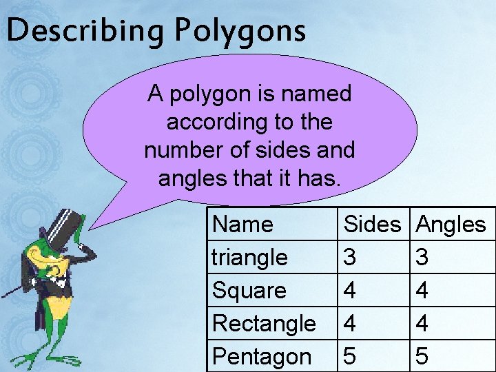 Describing Polygons A polygon is named according to the number of sides and angles