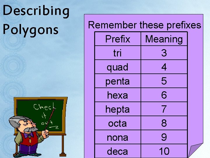 Describing Polygons Remember these prefixes Prefix Meaning tri 3 quad 4 penta 5 hexa