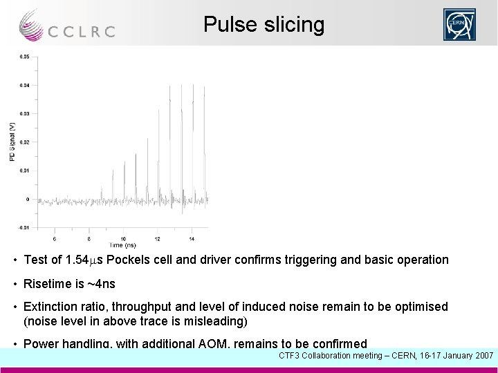 Pulse slicing • Test of 1. 54 ms Pockels cell and driver confirms triggering