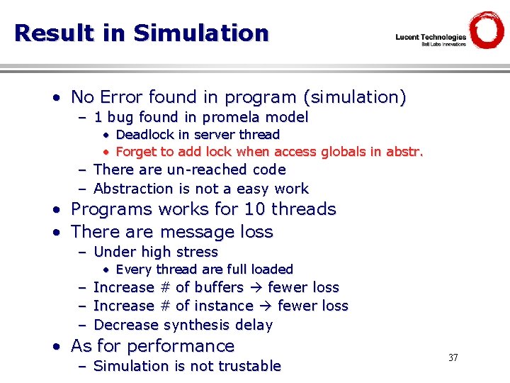 Result in Simulation • No Error found in program (simulation) – 1 bug found