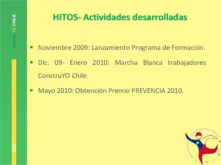 HITOS- Actividades desarrolladas § Noviembre 2009: Lanzamiento Programa de Formación. § Dic. 09 -