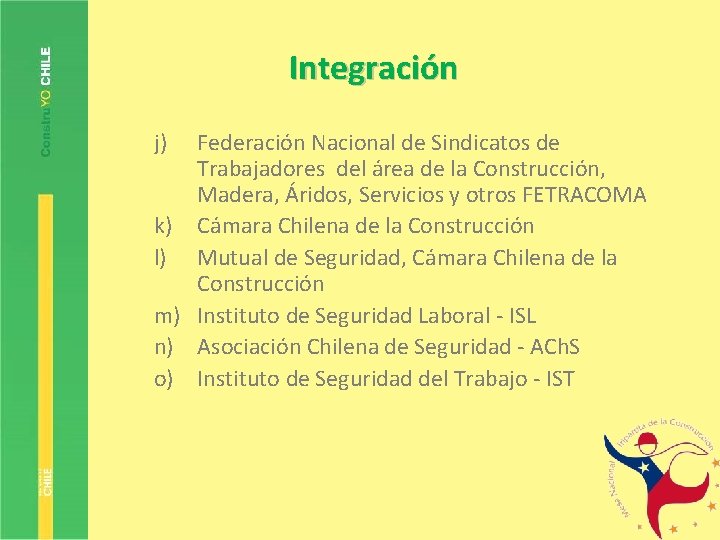 Integración j) Federación Nacional de Sindicatos de Trabajadores del área de la Construcción, Madera,