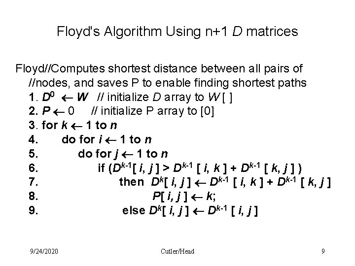 Floyd's Algorithm Using n+1 D matrices Floyd//Computes shortest distance between all pairs of //nodes,