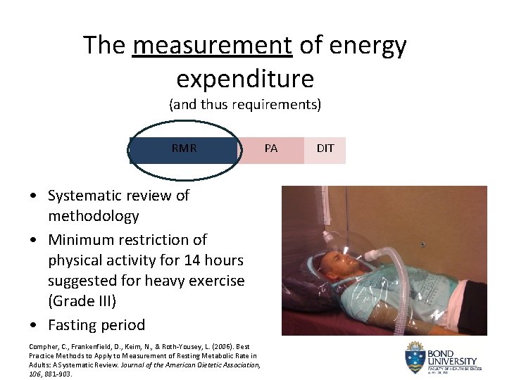 The measurement of energy expenditure (and thus requirements) RMR • Systematic review of methodology