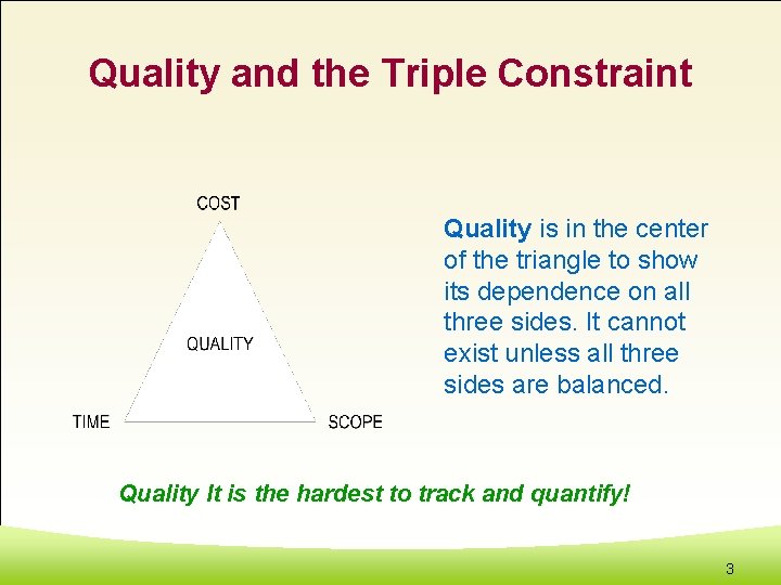 Quality and the Triple Constraint Quality is in the center of the triangle to