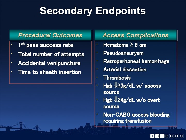 Secondary Endpoints • • Procedural Outcomes 1 st pass success rate Total number of