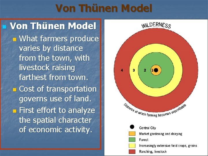 Von Thünen Model n Von Thünen Model What farmers produce varies by distance from