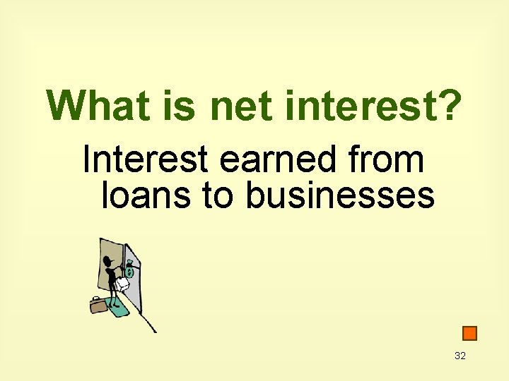 What is net interest? Interest earned from loans to businesses 32 