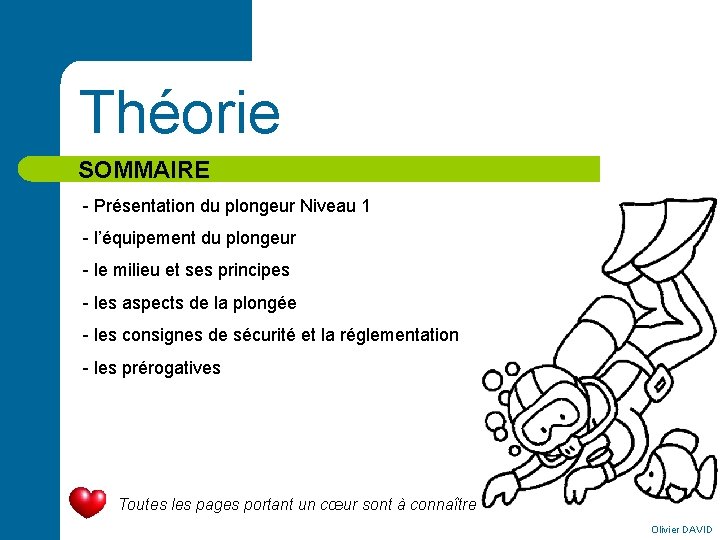 Théorie SOMMAIRE - Présentation du plongeur Niveau 1 - l’équipement du plongeur - le