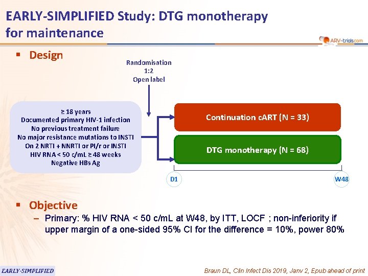 EARLY-SIMPLIFIED Study: DTG monotherapy for maintenance § Design Randomisation 1: 2 Open label ≥