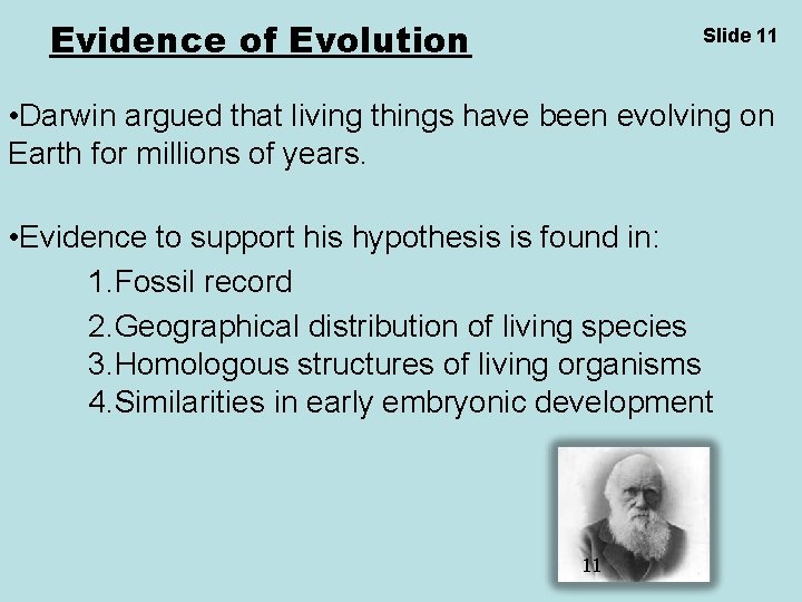 Evidence of Evolution Slide 11 • Darwin argued that living things have been evolving