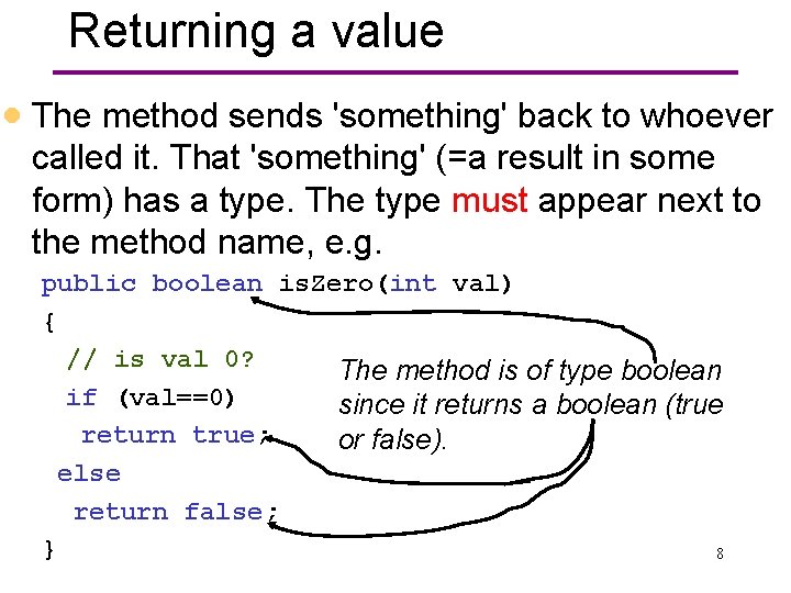 Returning a value · The method sends 'something' back to whoever called it. That