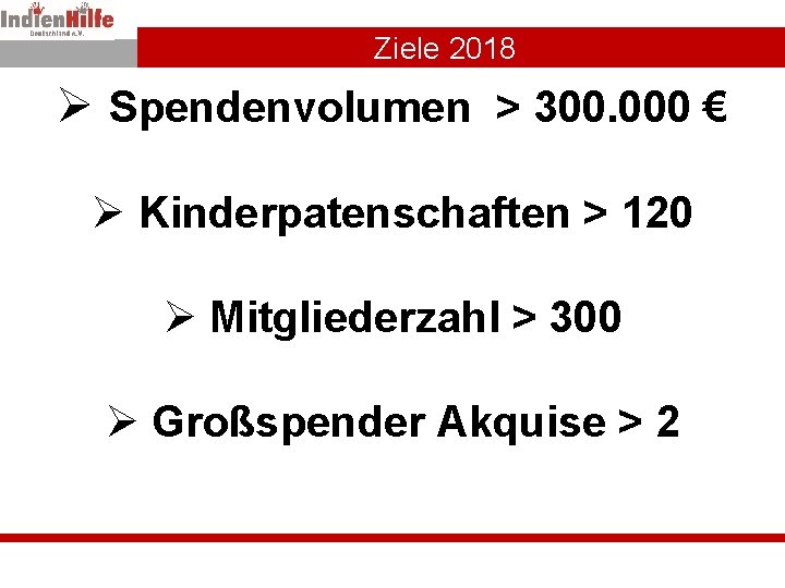 Ziele 2018 Ø Spendenvolumen > 300. 000 € Ø Kinderpatenschaften > 120 Ø Mitgliederzahl