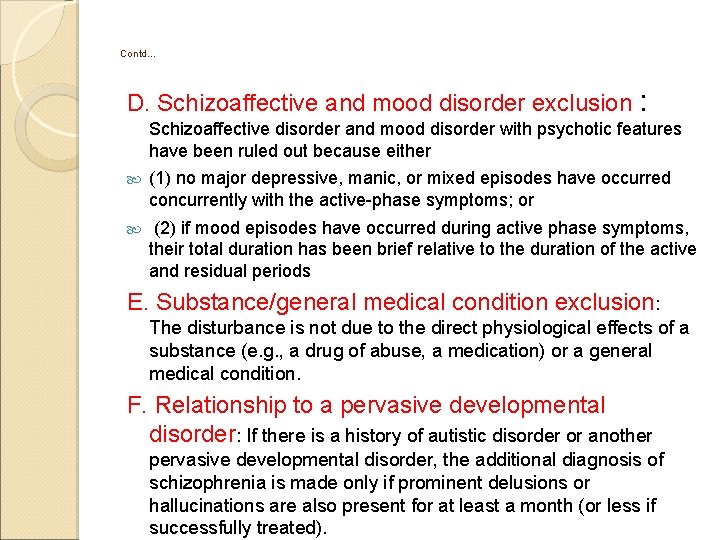 Contd… D. Schizoaffective and mood disorder exclusion : Schizoaffective disorder and mood disorder with