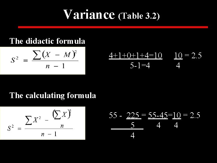 Variance (Table 3. 2) The didactic formula 4+1+0+1+4=10 5 -1=4 10 = 2. 5