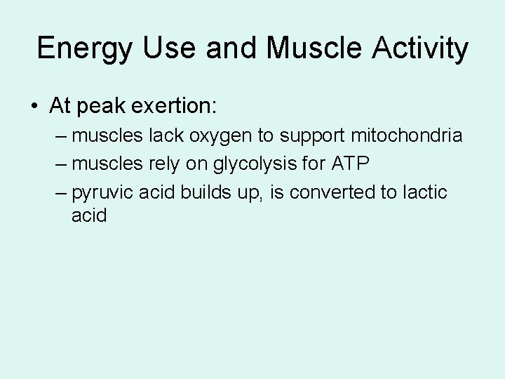 Energy Use and Muscle Activity • At peak exertion: – muscles lack oxygen to