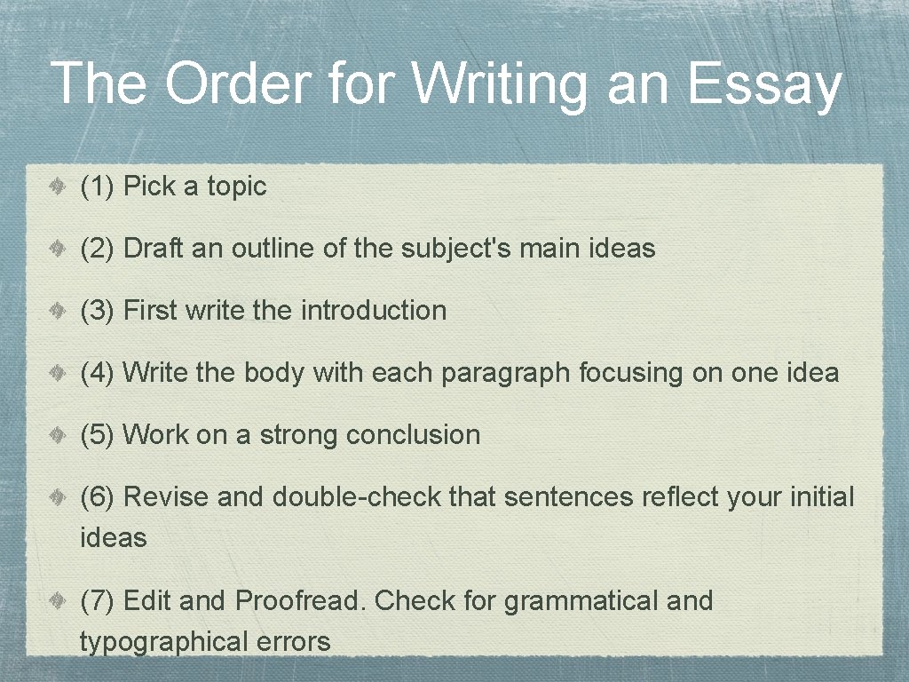 The Order for Writing an Essay (1) Pick a topic (2) Draft an outline The Order for Writing an Essay (1) Pick a topic (2) Draft an outline