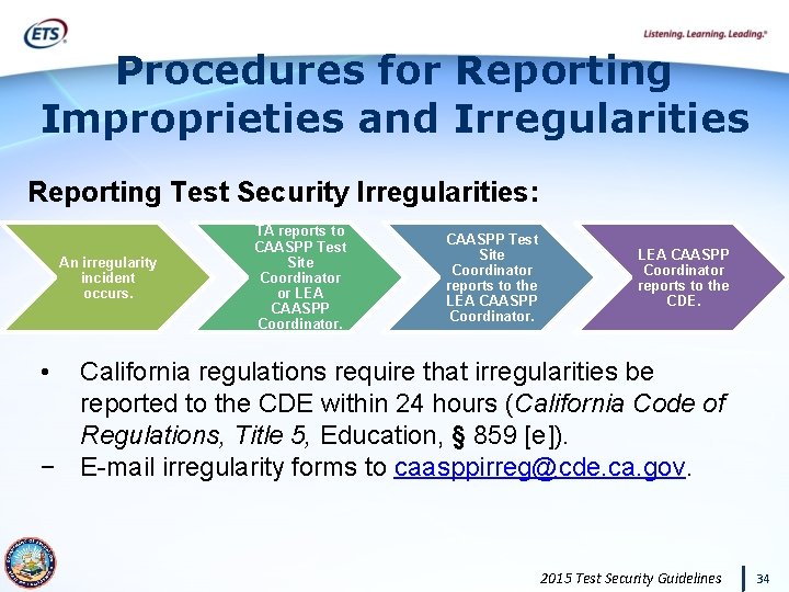 Procedures for Reporting Improprieties and Irregularities Reporting Test Security Irregularities: An irregularity incident occurs.