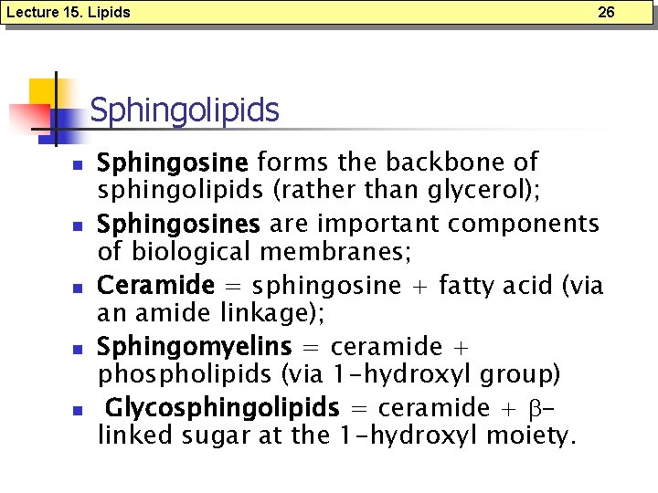 Lecture 15. Lipids 26 Sphingolipids n n n Sphingosine forms the backbone of sphingolipids