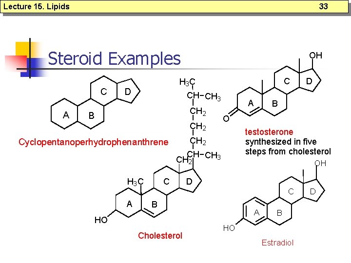 Lecture 15. Lipids 33 Steroid Examples C A OH C H 3 C D